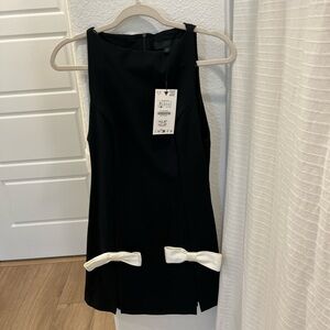 Zara Chic Black Mini Dress with White Bow Details
